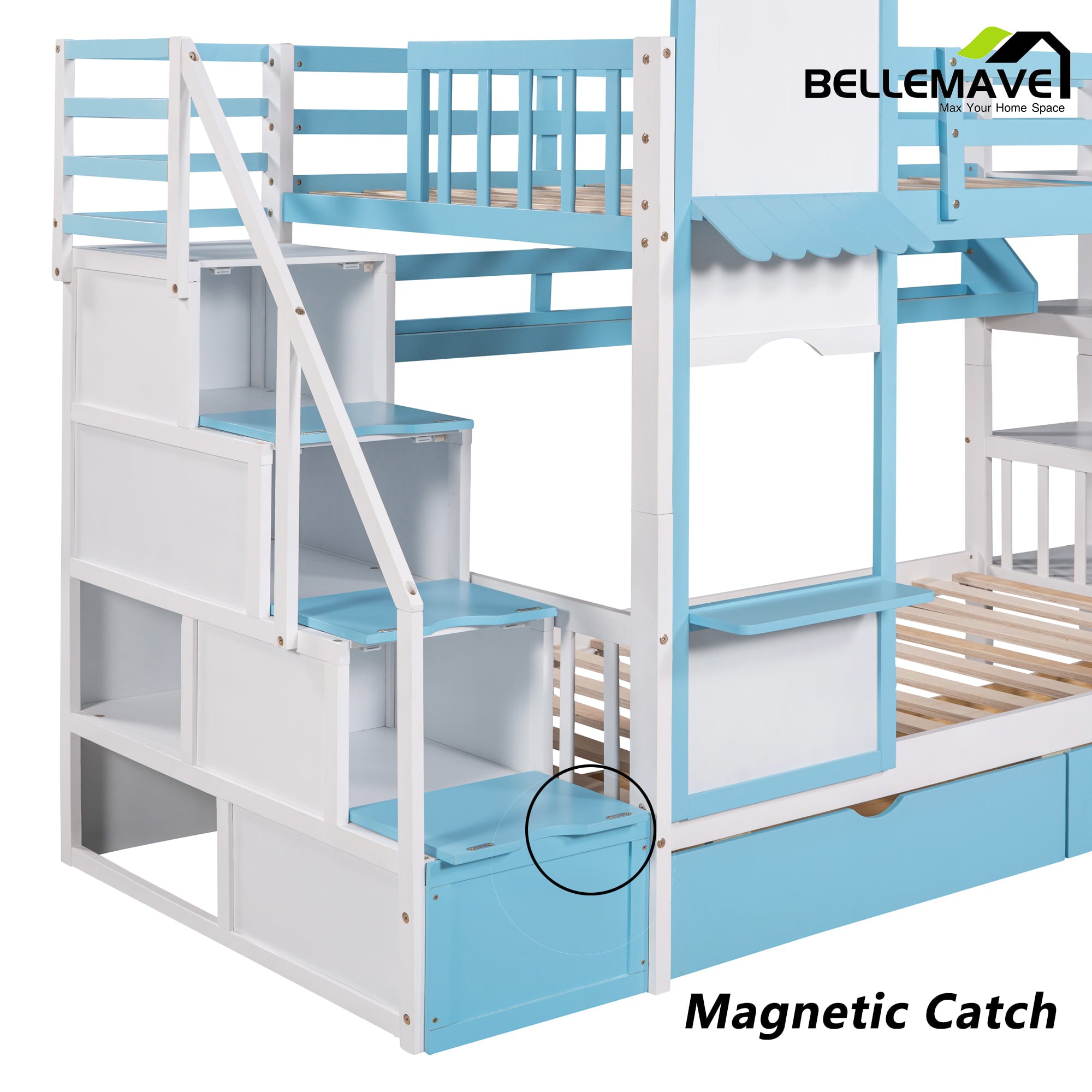 BELLEMAVE Kids Castle Bunk Bed with Storage Drawers, Shelf, Slide and Safety Guardrail, Twin over Twin Bunk Bed with Stairs, Castle Bunk Bed/Playhouse Bed for Girls, Boys, Kids(Blue)