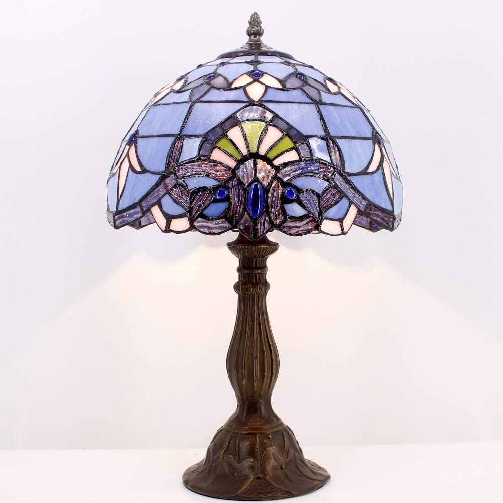 SHADY Tiffany Lamp Stained Glass Table Lamp 12X12X18 Inches Blue  Baroque Style Lavender Bedside Reading Desk Light Decor Bedroom Living Room Home Office S003C Series