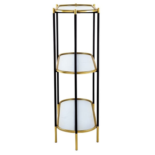 50 Inch Console Table， 3 Tier， Oblong Shaped Mirrored Top， Gold Iron Frame