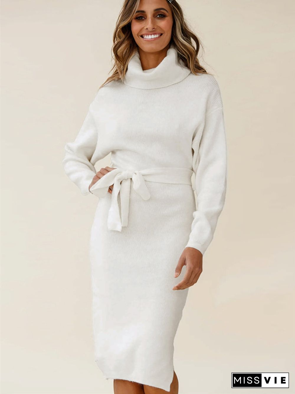 Solid color long sleeved knit turtleneck dress