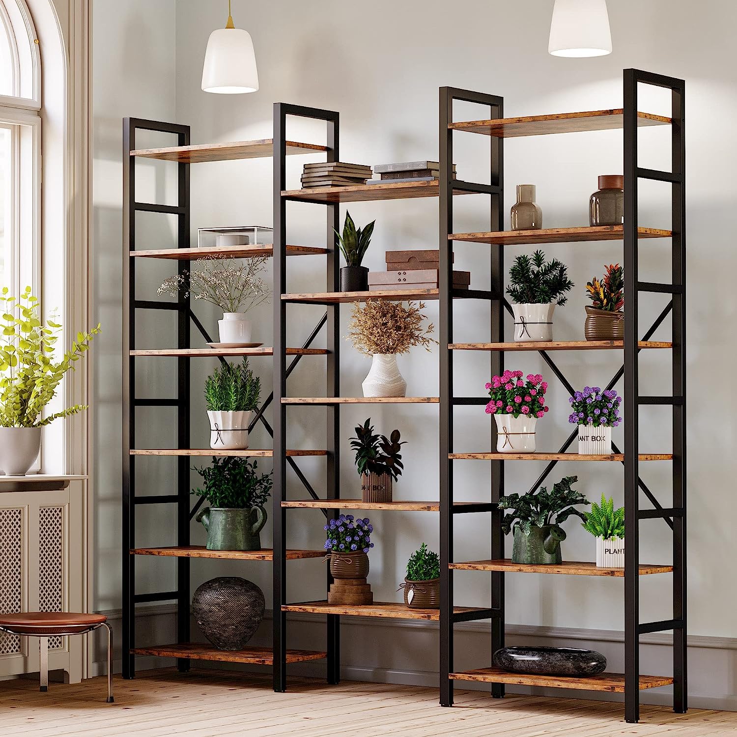 Triple Wide 6 Tiers Industrial Bookshelf, Large Etagere Bookcases and Bookshelves Open Display Shelves with Metal Frame