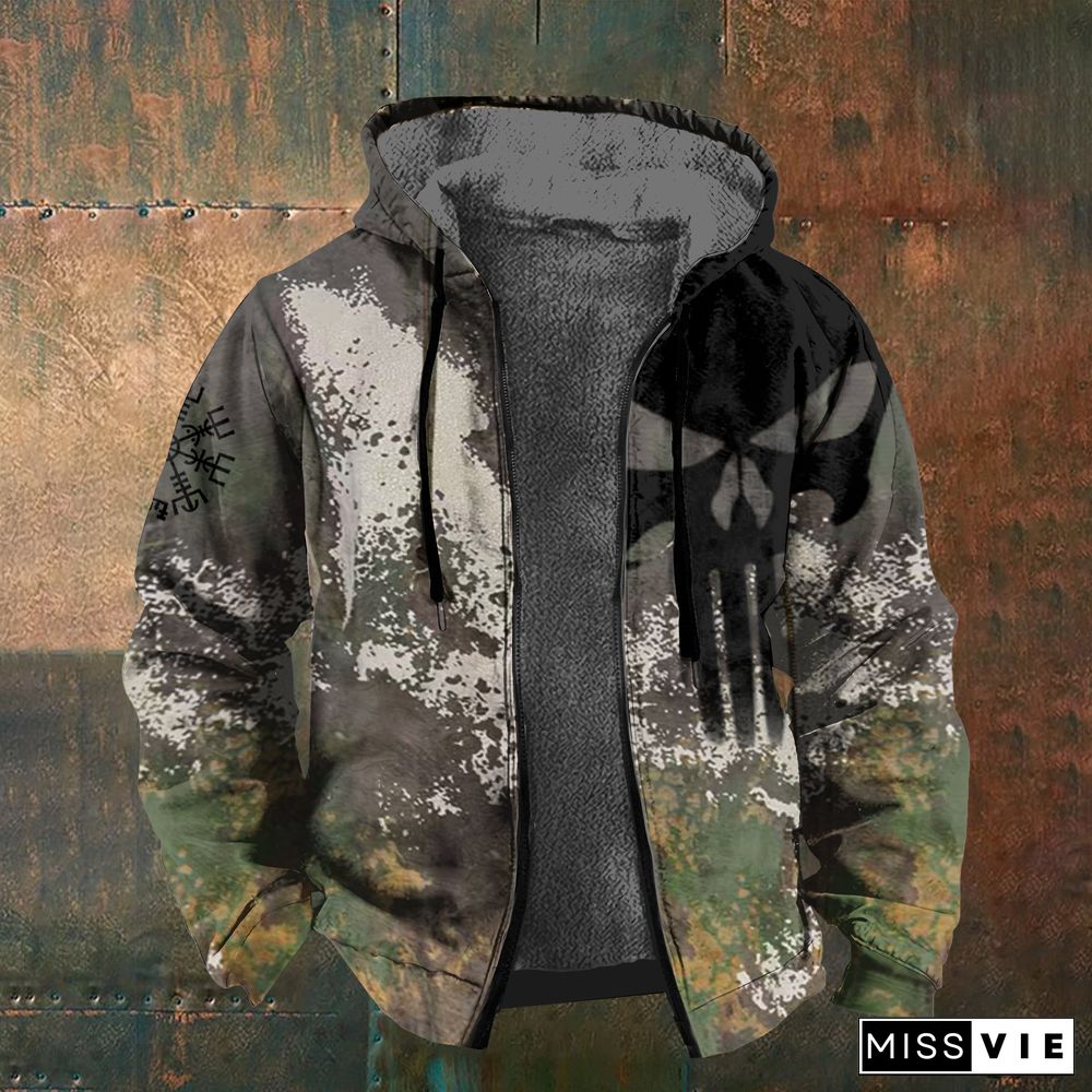 Colorblock Camouflage Vikng Skull Training Zipper Up Hoodie