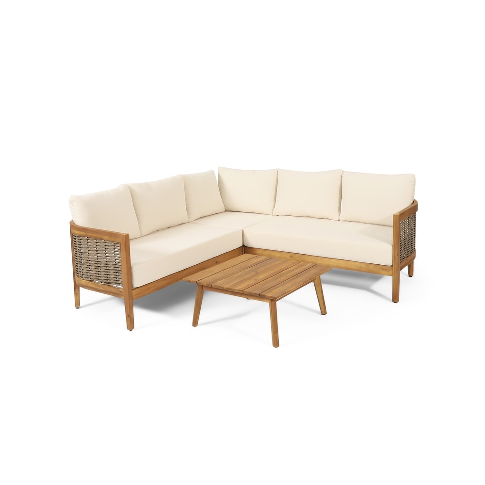 Burchett Outdoor Acacia Wood and Round Wicker 5 Seater Sectional Sofa Chat Set with Cushions by Christopher Knight Home