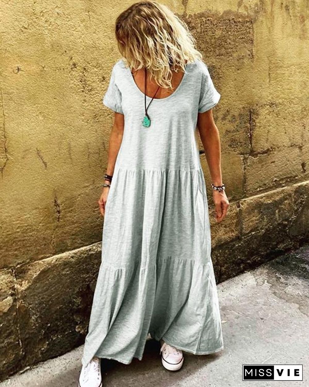 Ruffled Short Sleeve Casual Round Neck Dresses