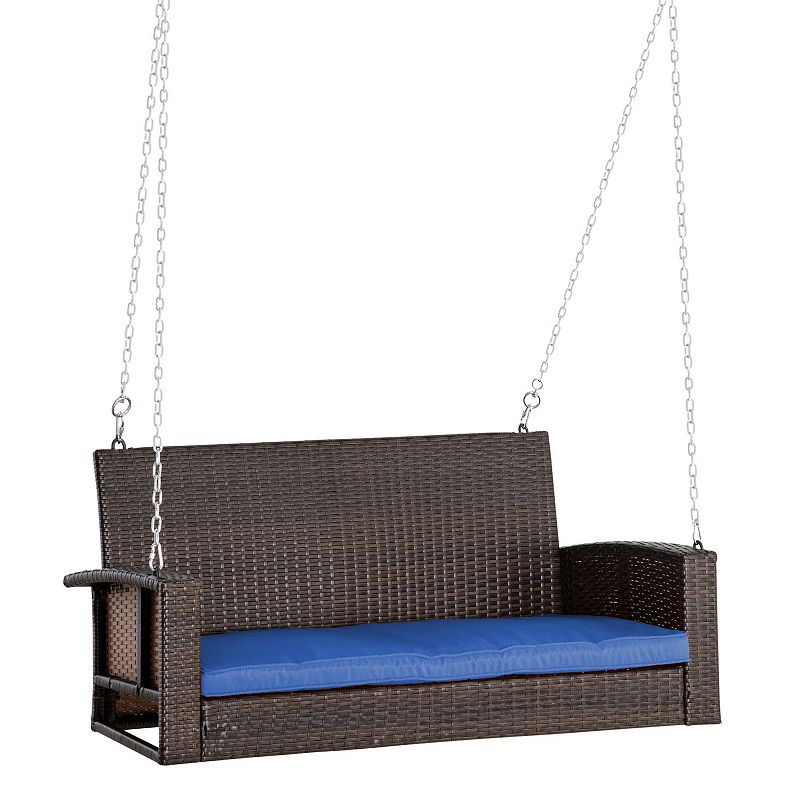 Outsunny 2-Person Wicker Hanging Porch Swing Bench， Front Porch Swing Outdoor Chair with Cushions 550lbs Weight Capacity for Backyard， Garden， Dark Blue