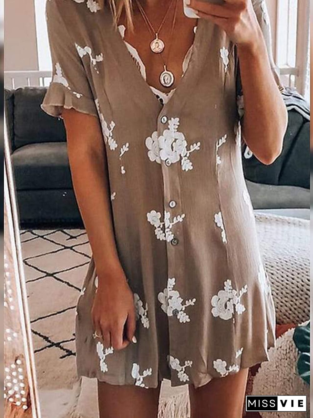 Summer Loose Print Temperament Commuter Inch Shirt Short-sleeved Dress