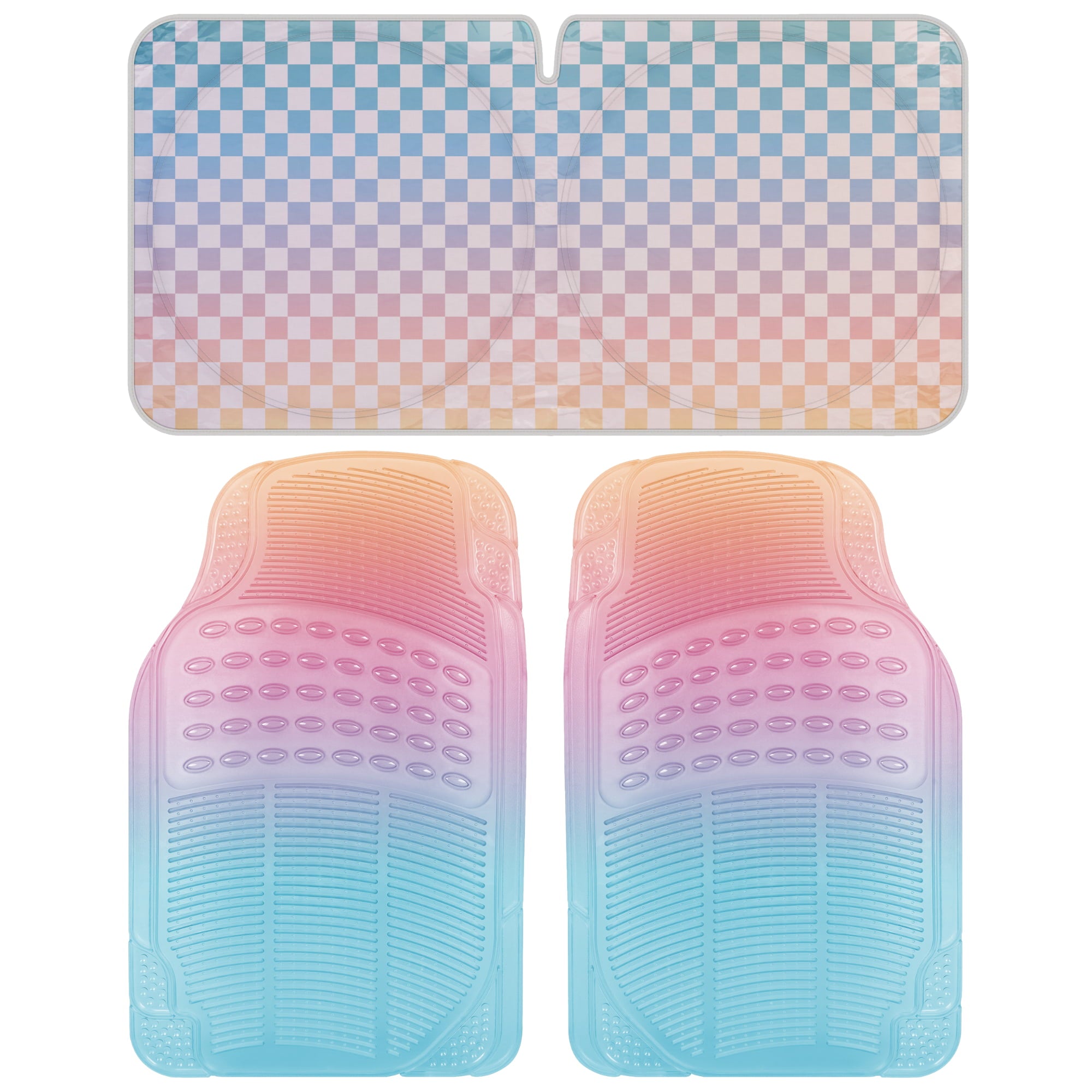 Carbella Auto Sun Shade AND 2PC Car Floor Mats Sunset Translucent Rainbow All Weather Heavy Duty Trim to Fit Most Cars， Vans， Trucks and SUVs