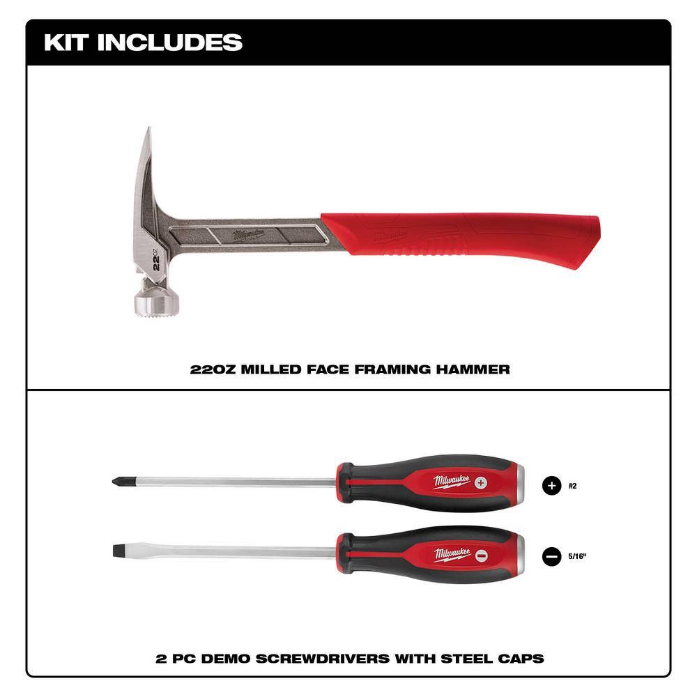 MW 22 oz. Milled Face Framing Hammer with Demo Screwdriver Drivers with Steel Caps (3-Piece) 48-22-9022-48-22-2702