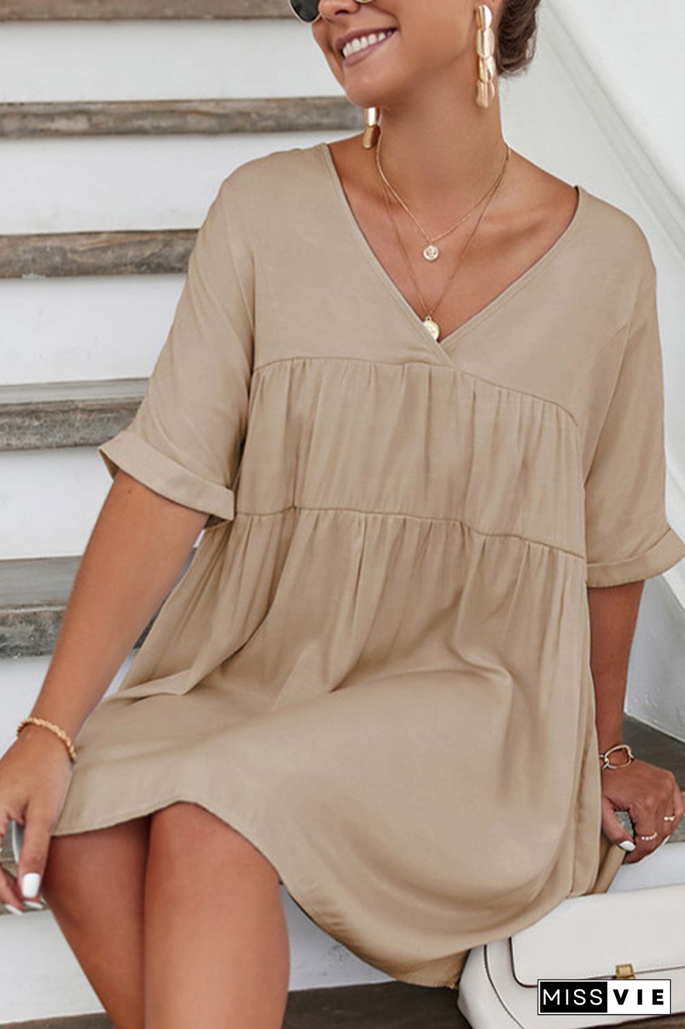 Solid Color V-neck Short Sleeve Dress Wholesale