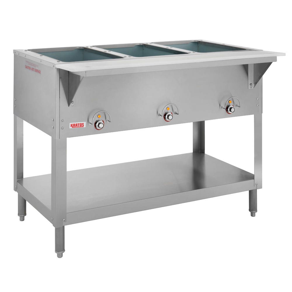 Kratos 28W-110 Stationary Three Pan Open Well Electric Steam Table with Undershelf， 120V， 1500W