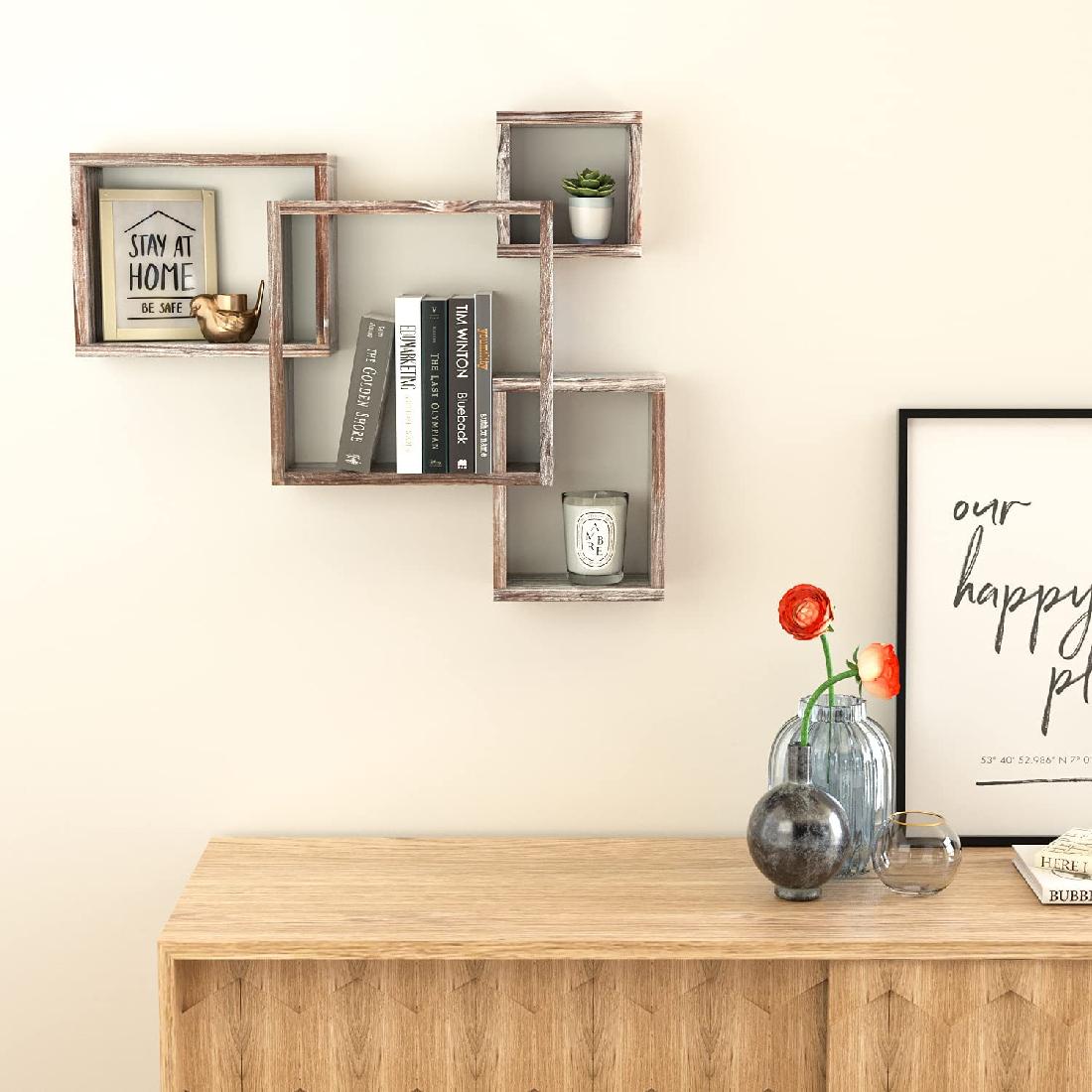 Rustic Wood Shelves -Floating Intersecting Wall Shelves with Cubes, Wall-Mounted Square, Antique Style Shadowbox, Decorative Collection Display Organizer.