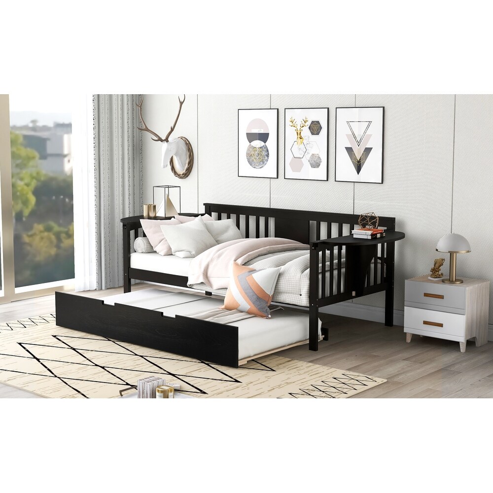 Espresso Pine Daybed with Trundle Bed  Small Side Tables