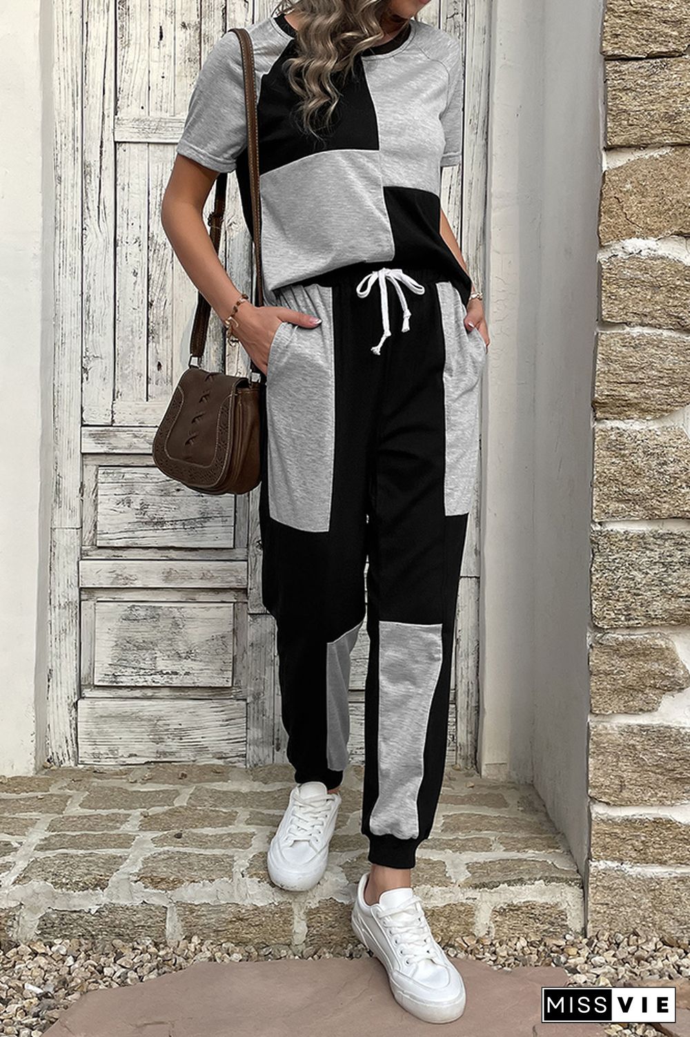 Black & Gray Patchwork Drawstring Top & Pants 2 Pcs Set Wholesale