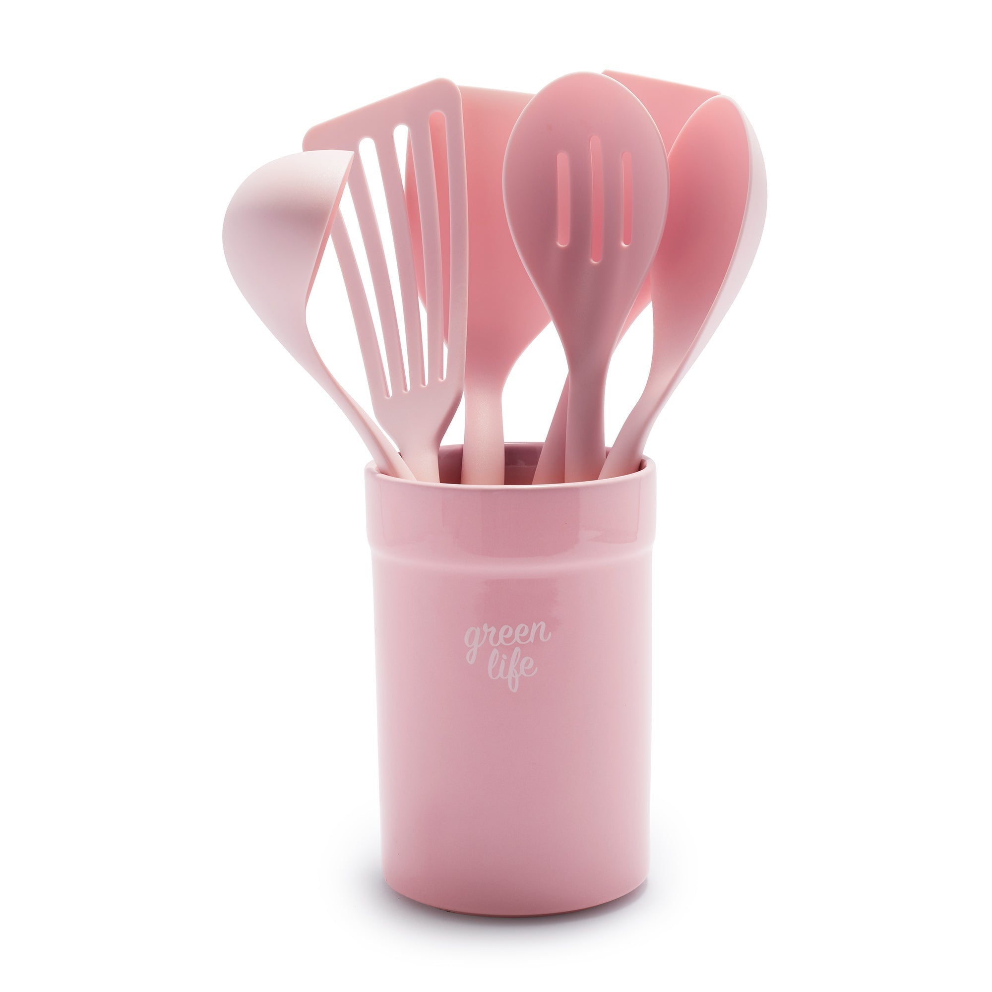 GreenLife Nylon & Wood Cooking Utensils with Ceramic Crock, 7-Piece Set | Pink