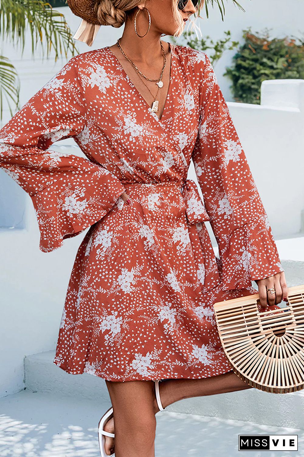 V Neck Wrap Flare Sleeves Floral Print Dress