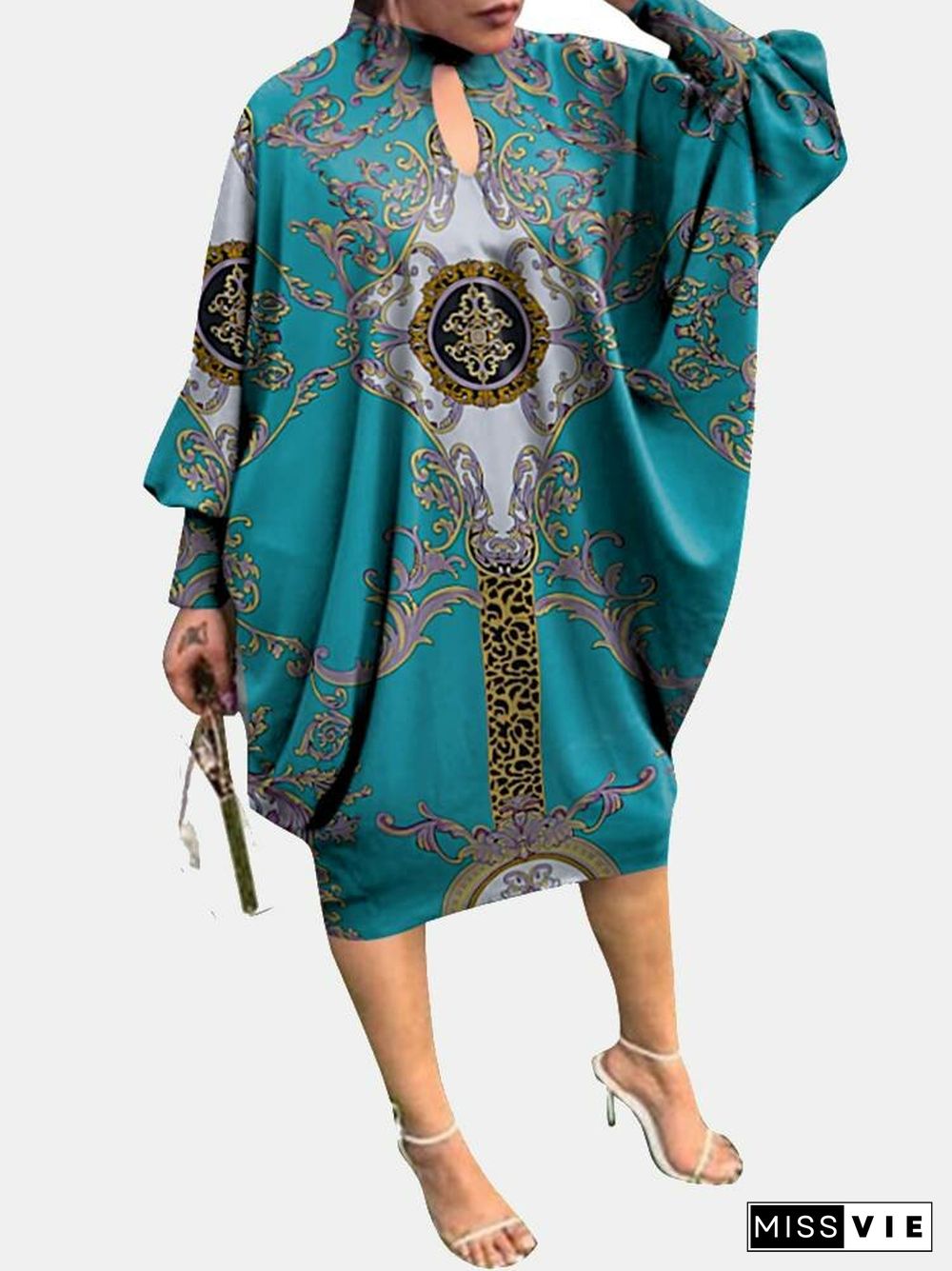 Tribal Pattern Loose Long Sleeve Hollow Dress