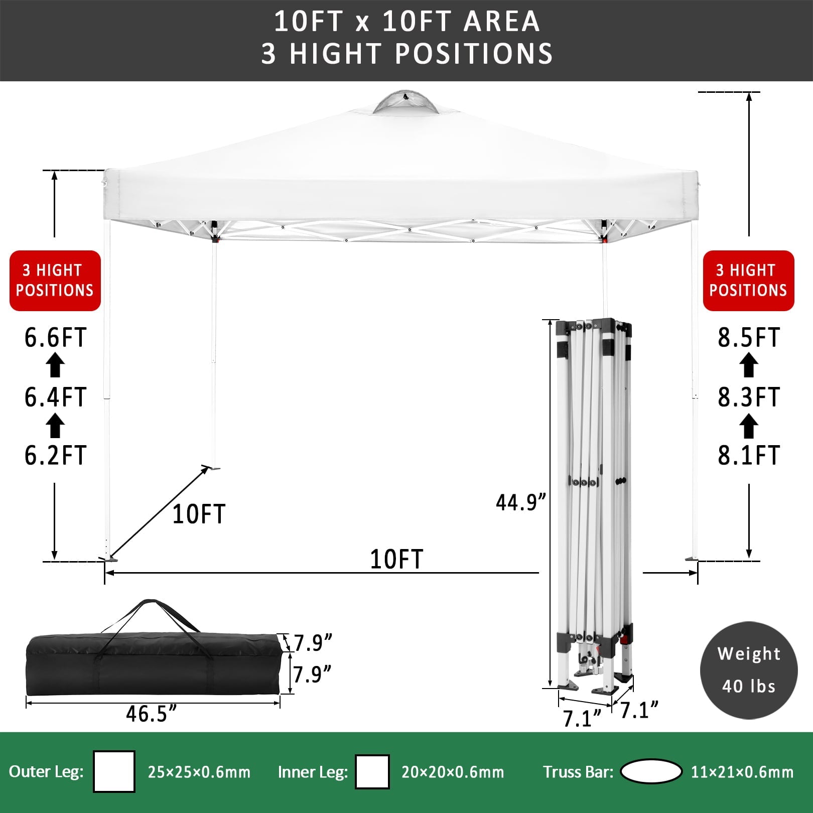 10' x 10' Straight Leg Pop-up Canopy Tent Easy One Person Setup Instant Outdoor Canopy Folding Shelter with 4 Removable Sidewalls, Air Vent on The Top, 4 Sandbags, Carrying Bag, White