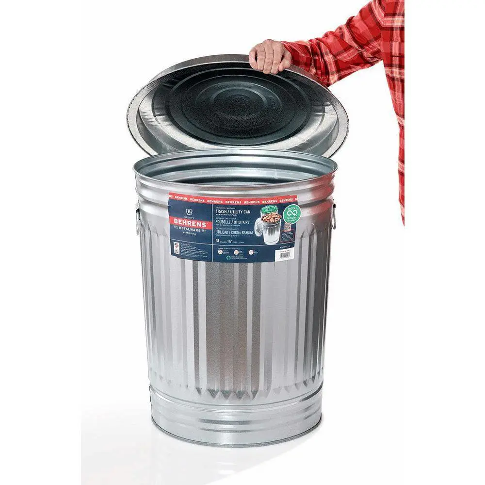 31-Gallon Galvanized Steel Trash Can - Trash can with lid - Galvanized Trash can with lid - Metal Trash can - Outdoor Garbage can with lid -Steel, Gray - Pre-Galvanized Trash Can with Lid Round