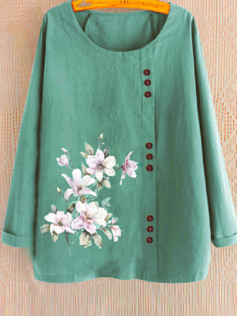 Casual Vintage Floral Print Crew Neck Long Sleeve Blouse