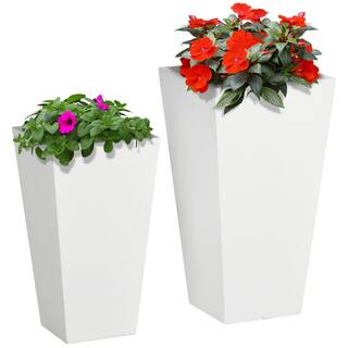 Outsunny White Outdoor Metal Planter Set Flower Pots with Drainage Holes Durable and Stackable for Patio Yard Garden (2-Pack) 845-861V00WT