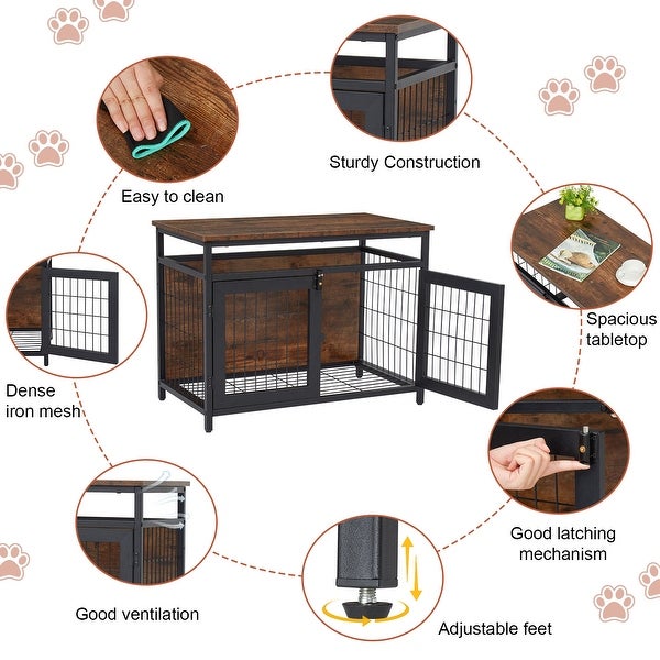 Dog Crate Furniture with Double Doors， Wooden Dog Crate， Indoor Dog Kennel w/ Metal Wire Mesh， Pet Crate End Table