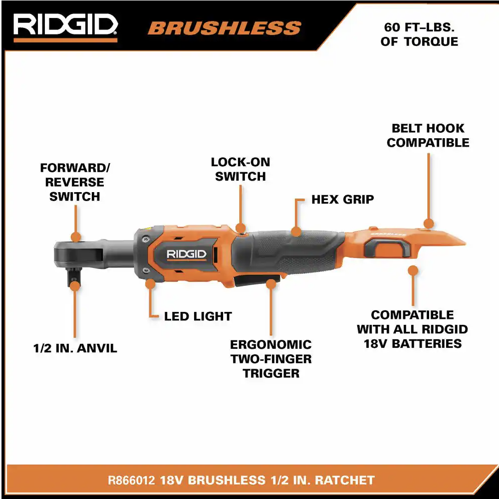 Ridgid 18V Brushless Cordless 1/2 in. Ratchet (Tool Only)