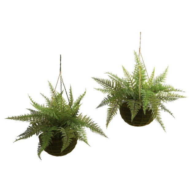 Artificial Leather Fern With Mossy Hanging Basket Indoor Outdoor Set Of 2 Nearly Natural