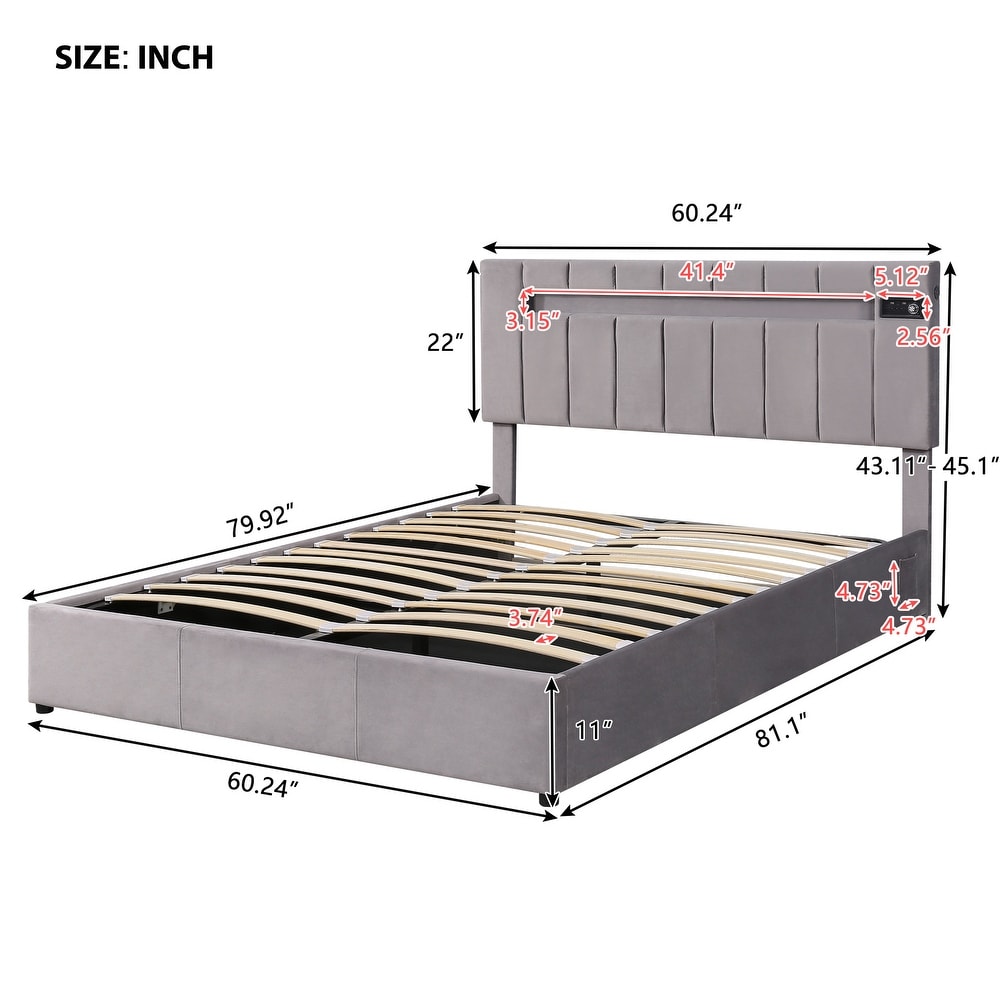 Upholstered Hydraulic Storage Platform Bed with LED Light  Bluetooth Player   USB Charging