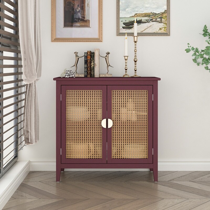 2 Door Natural Rattan Cabinet Buffet Sideboard with Metal Semi Circular Suitable for Bedroom  Living Room  Study