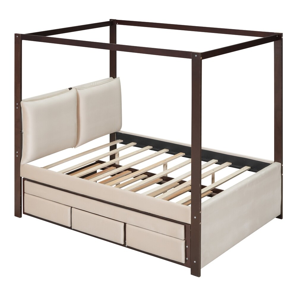 Full Size Canopy Bed Storage Bed with Trundle  Velvet Upholstered Elegance Four Poster Bed Trundle Bed with 3 Drawers