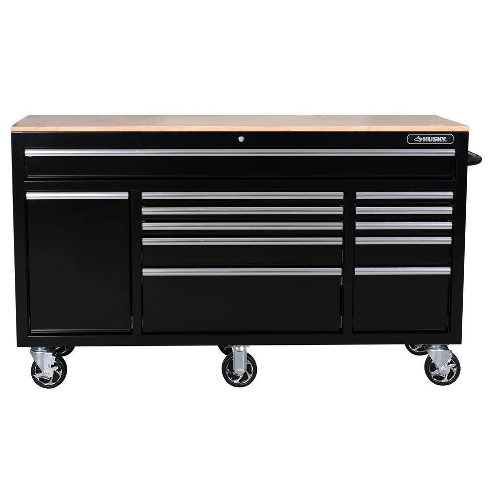 Husky 62 in. W x 20 in. D 12-Drawer Gloss Black Mobile Workbench Cabinet with Solid Wood Top and Power Drawer H62MWC12BLK