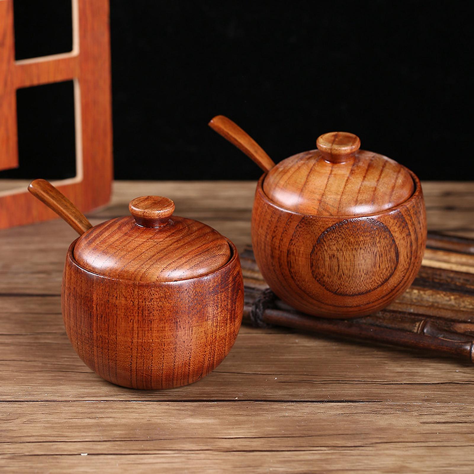 2 Set Condiment Jar With Lids And Spoons， Wooden Salt Sugar Storage Container Spice Pots Kitchen Cooking Supplies For Home Coffee Bar Restaurant_x000d