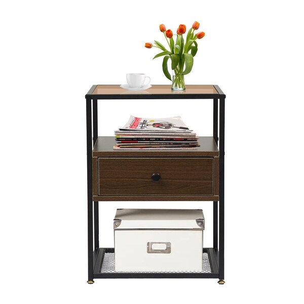 Kinbor Modern End Side Table with Glass Top and Shelf， Nightstand Bedside Table with drawer for Living Room， Bedroom(Brown)