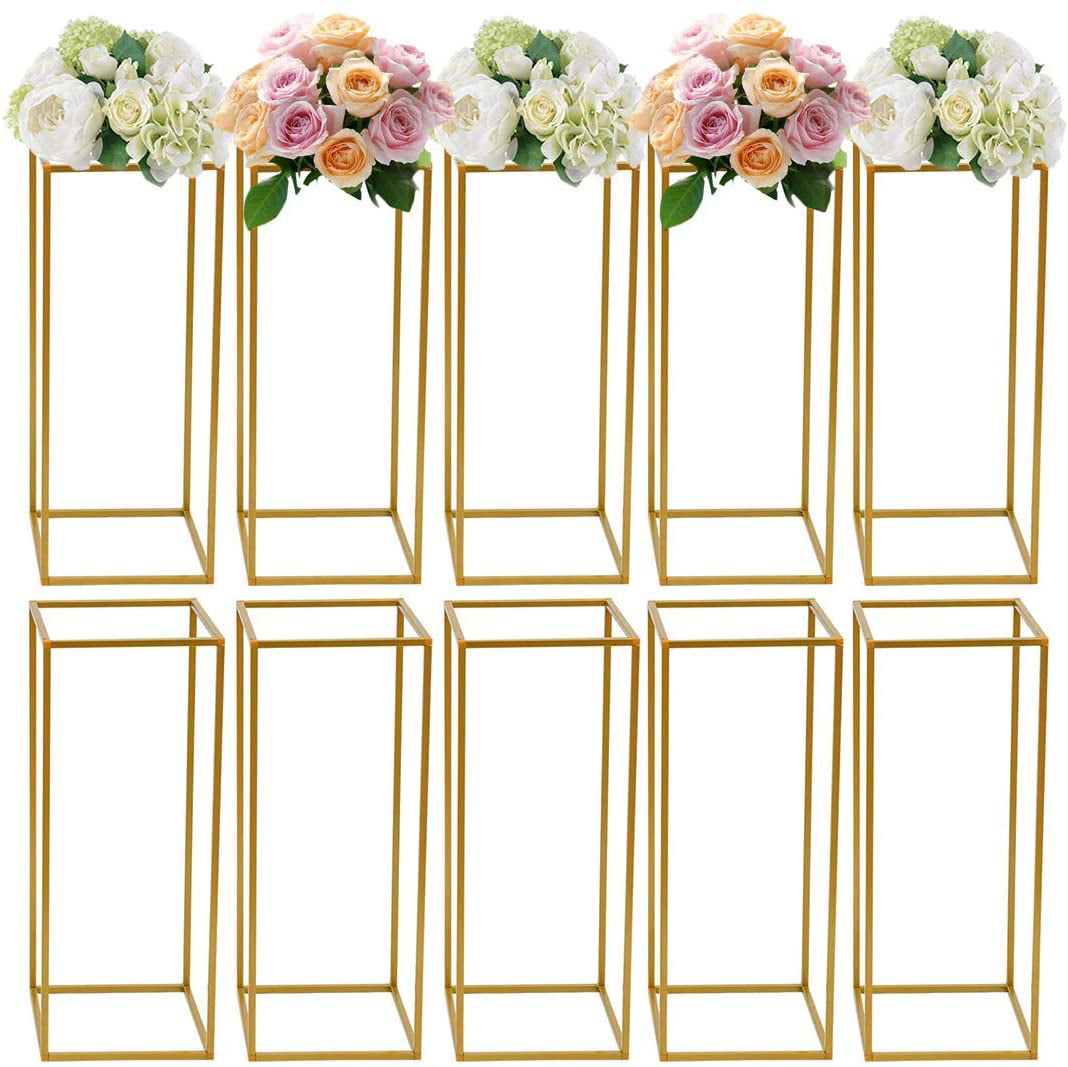 Anqidi Wedding Flower Stand Set, 10Pcs Rectangle Gold Metal Column Rack Wedding Prop Decor Balloon Display Holder (60cm)