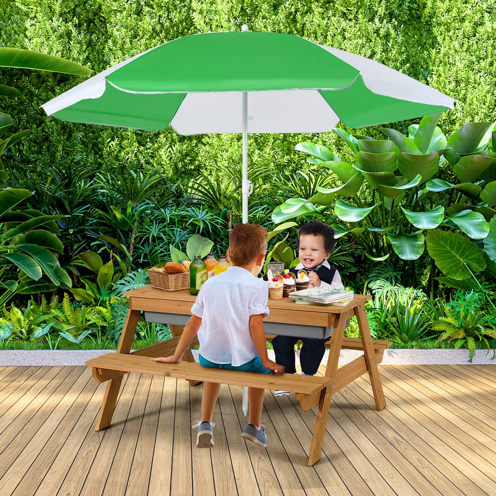 Costzon Kids Picnic Table, 3 in 1 Sand & Water Table w/Height Adjustable Umbrella