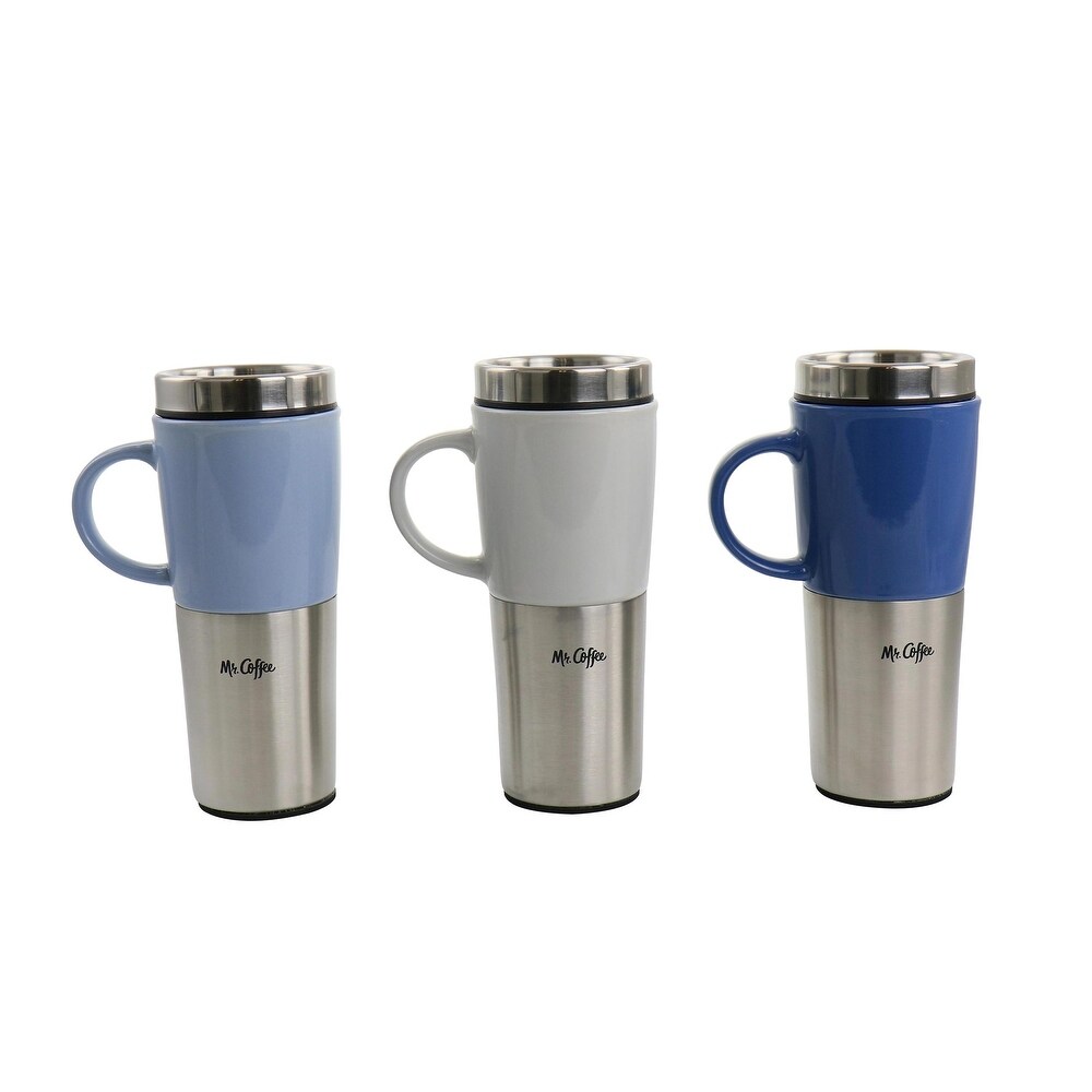 Mr. Coffee Travertine 16 oz Stoneware   Stainless Steel Travel Mug with Lid set of 3 Assorted