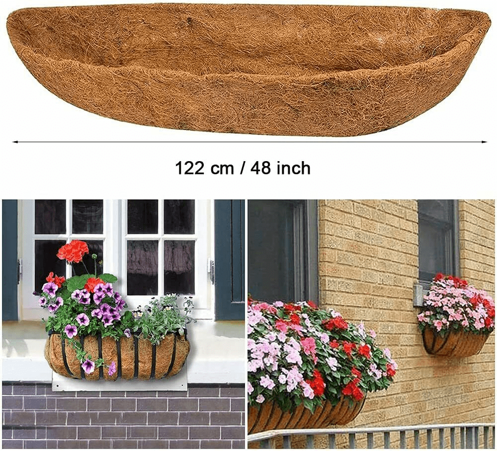 2 Pcs 48" Trough Coco Fiber Replacement Liner, Pre-Formed Window Basket Coco Liner, Natural Coconut Coir Planter for Wall Hanging Basket, Window Box, Flower Pot, Fence, Railing