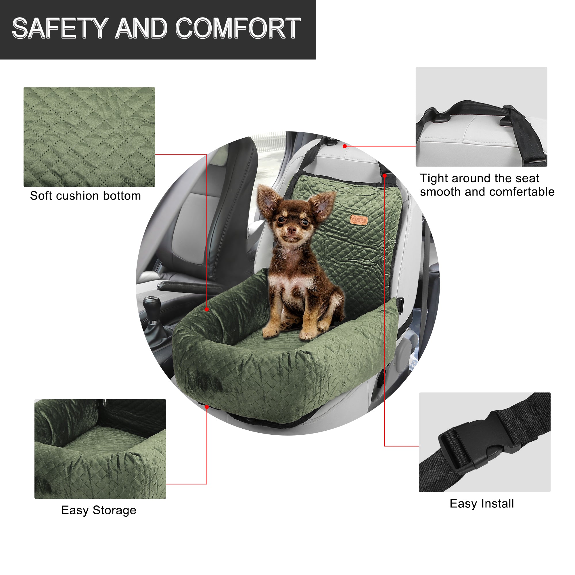 Unique Bargains Dog Car Seat Booster Seat Adjustable Straps for Medium Small Sized Puppy Cat Pets Travel Bed Green