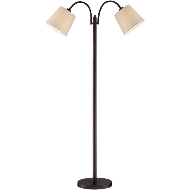 Tall Dark Bronze Twin Arm Adjustable Gooseneck Neutral Cotton Drum Shade For Living Room Reading Bedroom