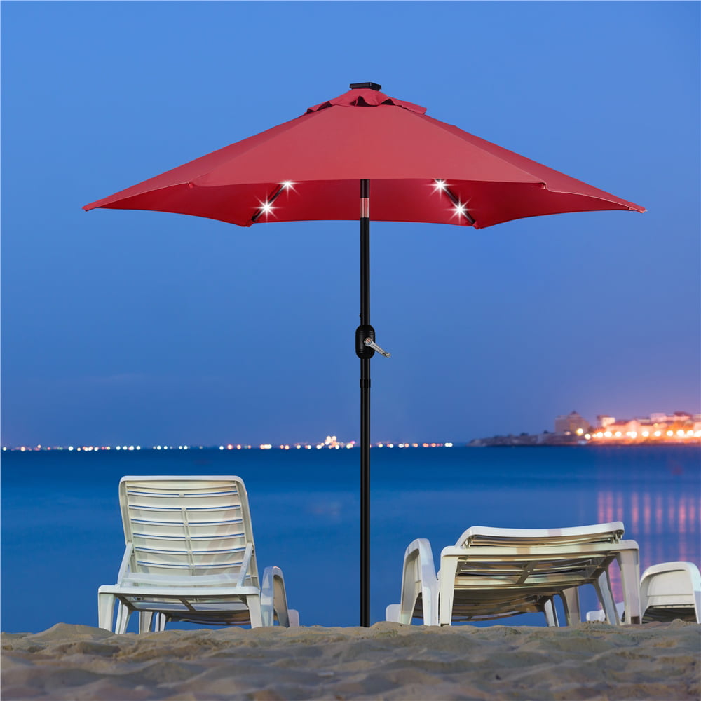 Topeakmart 7.5ft LED Patio Market Umbrella with 18 LED Solar Lights + 26.5lb 18'' Patio Umbrella Base, Red