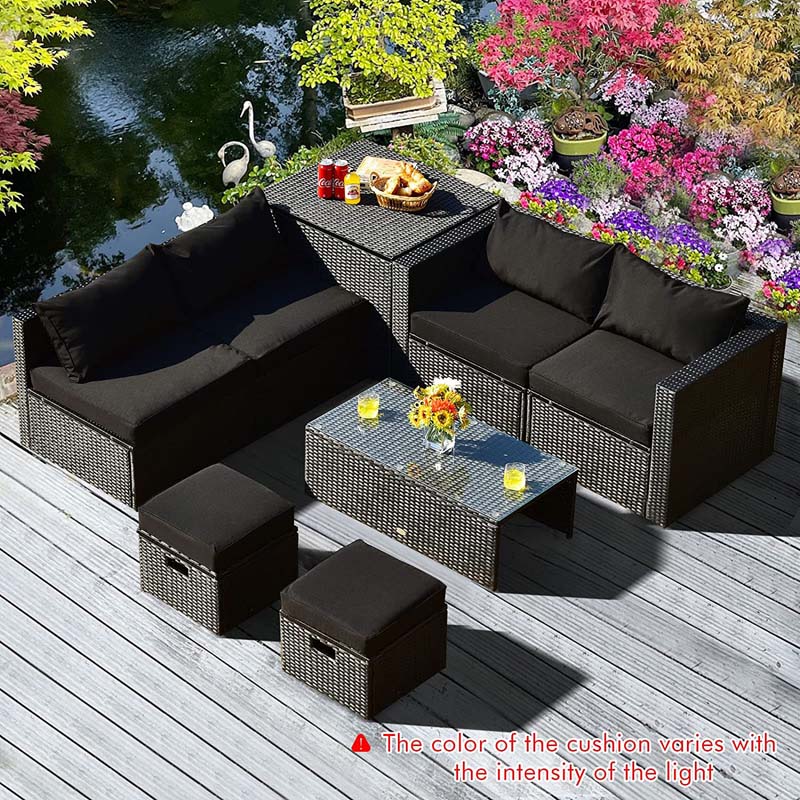 8 Pcs Rattan Wicker Outdoor Patio Furniture Sectional Sofa Set with Storage Box & Waterproof Cover