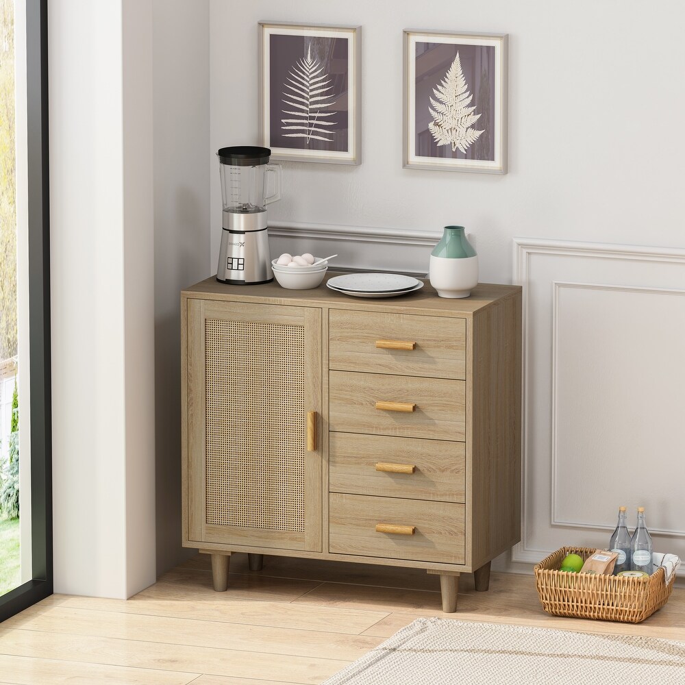 4 Drawers Wooden Cabinet with Rattan Doors