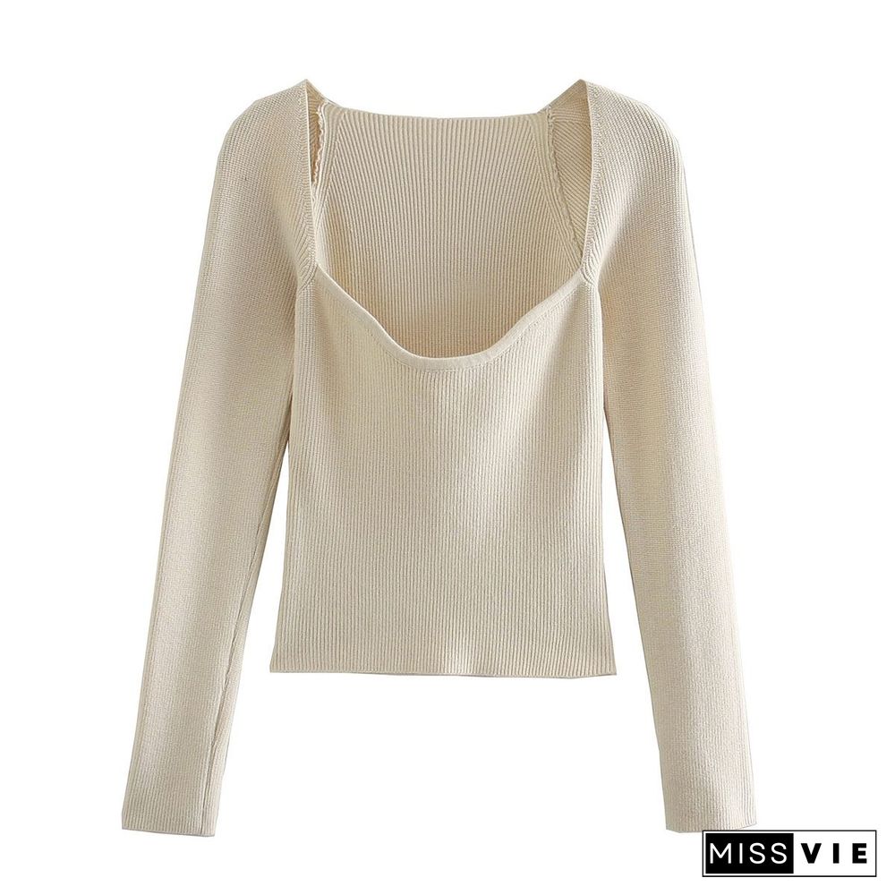 New Women Knitting Sweaters Top Long-arm Heart-neck Casual Fashion Mrs Slim-fit Tight Knitted Sweater Sweater Tops