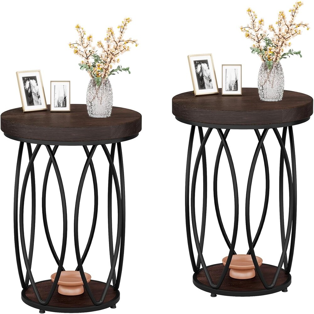 Industrial Round Side Table  Small End Table with Metal Frame