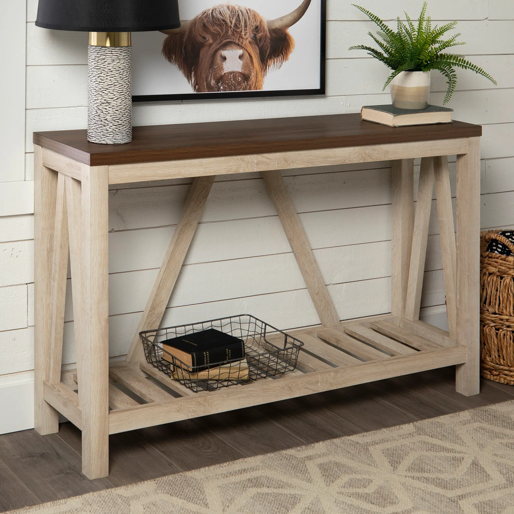 52 Inch Dark Walnut and White Oak Rustic Entryway Sofa Table - Walker Edison