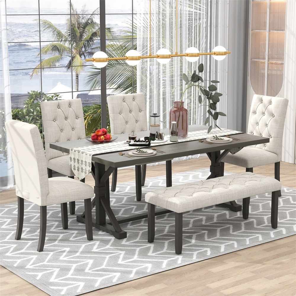 6 Piece Dining Table Set with Wood Table  4 Chairs and Bench