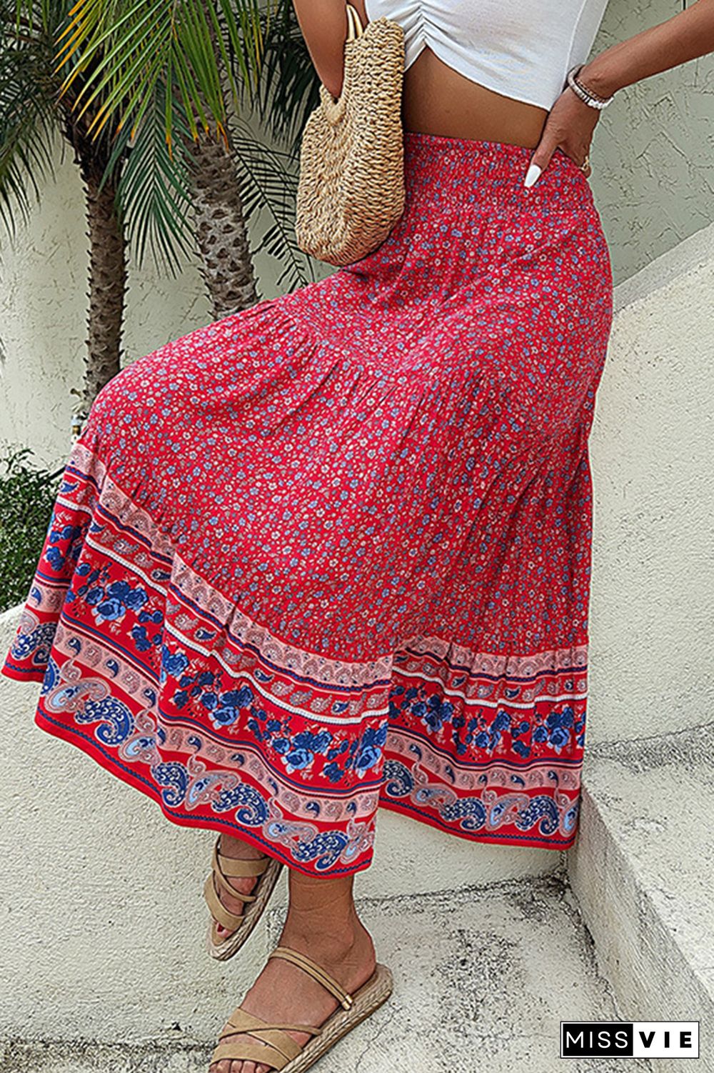 High Waist Boho Print Flower Skirt Dress