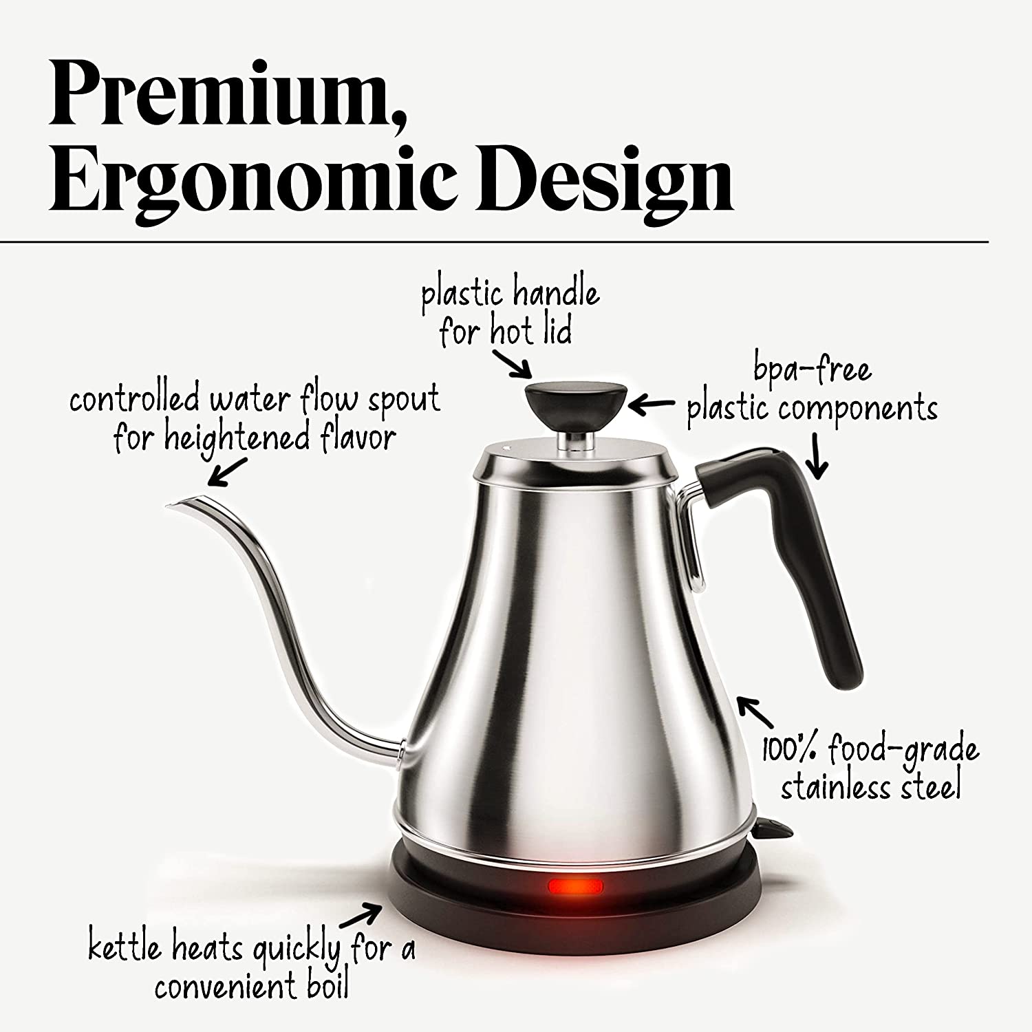 Willow and Everett Electric Gooseneck Kettle - 1L， 120 Volt， Stainless Steel Electric Tea Kettle - Water Pot Heater/Warmer， Coffee and Tea