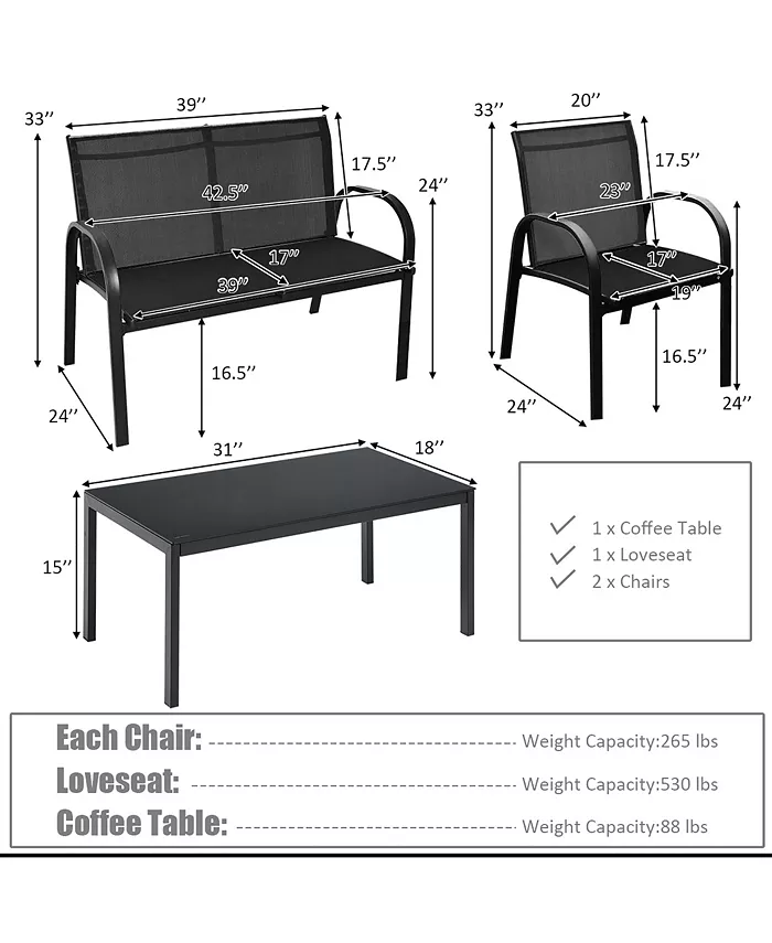 Costway 4 PCS Patio Furniture Set Sofa Coffee Table Steel Frame Garden Deck