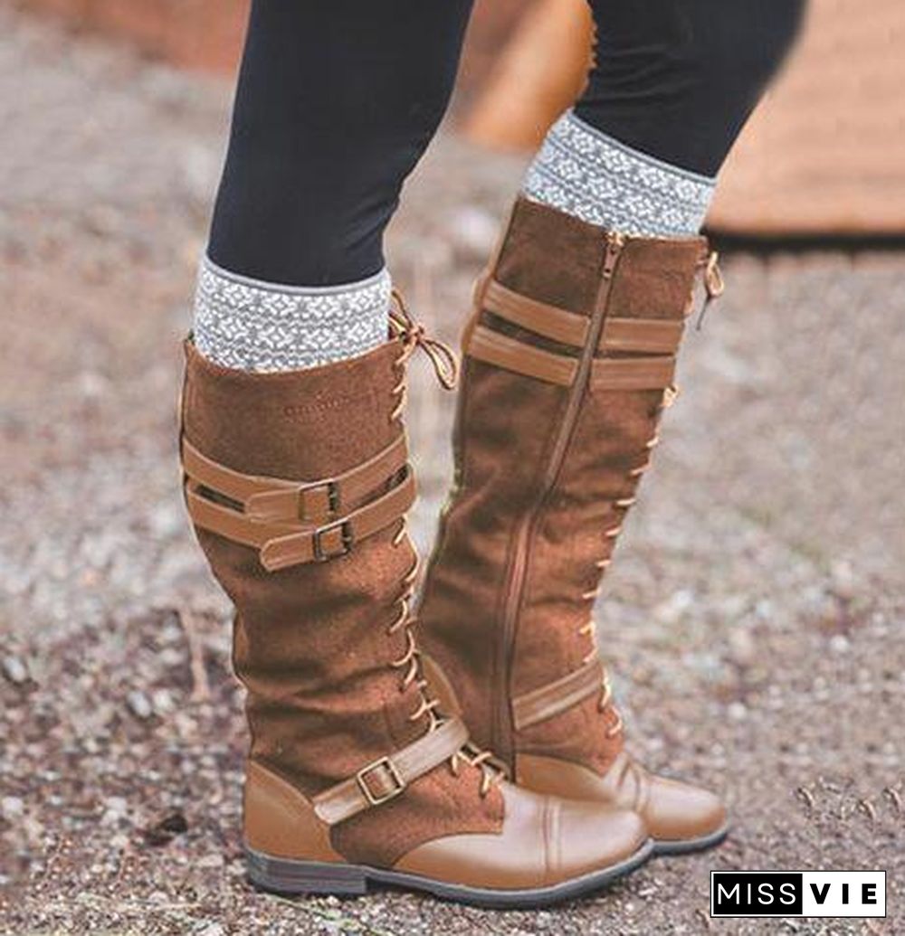 Strappy Color Block Joint Long Boots